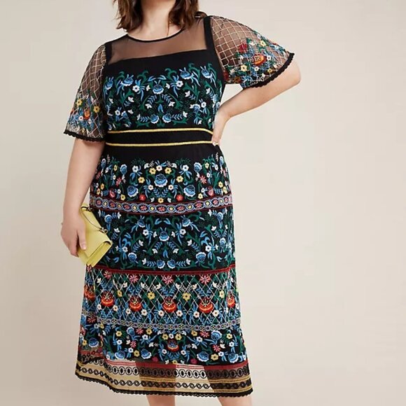 Anthropologie Esther Embroidered Floral Mesh Lace Midi Dress - Picture 5 of 16